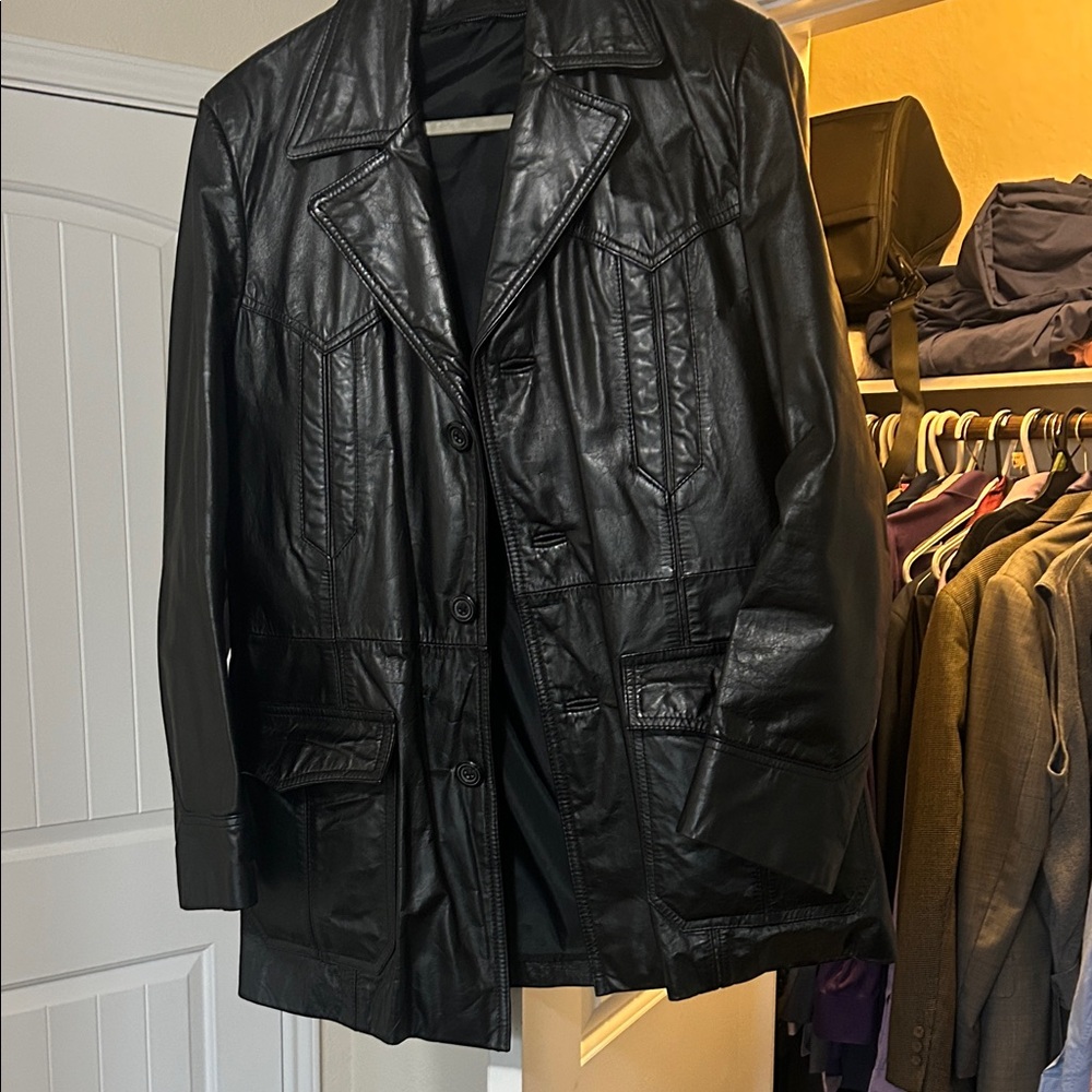 Men's Black Leather Jacket - Classic Button Front Coat